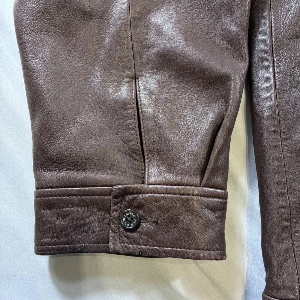 Polo Ralph Lauren Mens XXL Brown Leather Harrington Jacket Houndstooth Lining